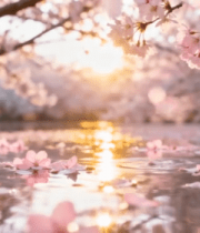 夕阳下水面飘落的樱花7747#横屏 