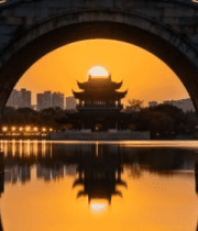 拱桥下古建筑日出景象9151#横屏 