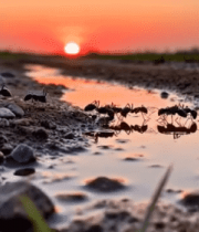 夕阳下蚂蚁在水洼边活动(1)2115#横屏 