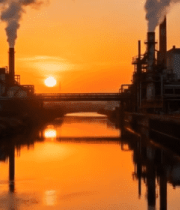 夕阳下工厂烟囱冒烟雾景象10203#横屏 