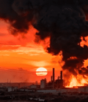 夕阳下工厂浓烟滚滚场景5256#横屏 