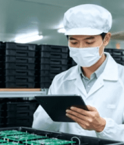 工人在工厂使用平板检查电路板14441#横屏 