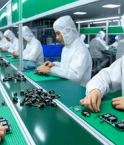 工人在无尘车间组装电子元件9568#横屏 