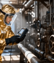 工人穿防护服检测工业管道6261#横屏 