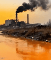 工厂旁污染河流与烟囱景象13136#横屏 