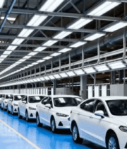 工厂内排列整齐的白色汽车10987#横屏 