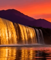 夕阳下的山间瀑布风景28#横屏 