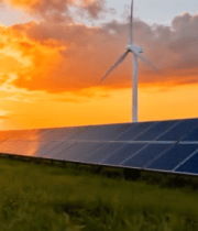 夕阳下的太阳能板与风力发电机11220#横屏 