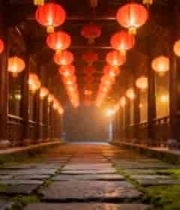 古廊悬挂红灯笼夜景8385#横屏 