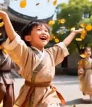 古装儿童嬉戏抛洒树叶场景3960#横屏 