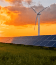 夕阳下的太阳能板与风力发电机11220#横屏 