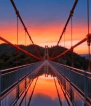 夕阳下的红色吊桥风景9927#横屏 