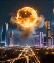 未来城市上空巨大发光球体景观1238#横屏 