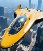 未来城市上空飞行的黄色飞船8972#横屏 