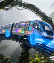 未来科技感丛林中行驶的列车3637#横屏 