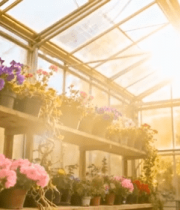 温室里摆放的多彩盆栽花卉650#横屏 