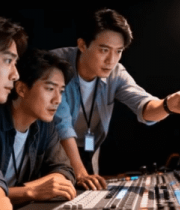 团队在工作室专注看屏幕讨论6358#横屏 