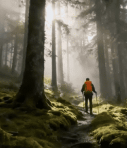 徒步者穿行于森林小道13645#横屏 