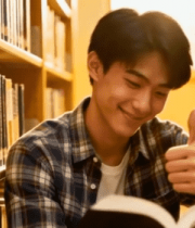 图书馆中男子看书竖大拇指2102#横屏 