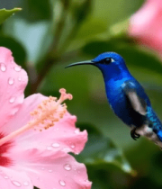	 蜂鸟于带水珠花朵旁飞行4439#横屏 