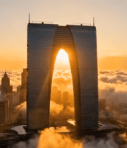 苏州东方之门日出航拍景象3354#横屏 