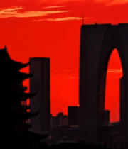 苏州日落时古建筑与现代建筑同框3514#横屏 