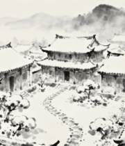 水墨风格古建筑群雪景6751#横屏 