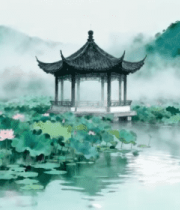 水墨风格荷塘古亭风景7441#横屏 