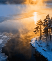 	 冬季森林河畔日出景象6721#横屏 