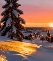 冬日雪景中的木屋与落日8908#横屏 