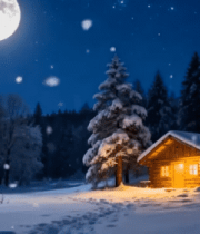 冬夜雪景中的木屋与森林8596#横屏 