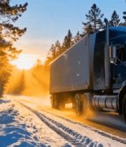 冬日森林公路行驶的大货车6925#横屏 