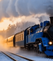 冬日森林中行驶的蒸汽火车4319#横屏 