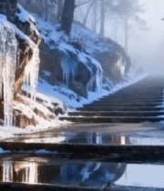 冬日森林积雪石阶与冰柱景观8899#横屏 