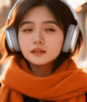 冬日街头戴耳机的女子12212#横屏 