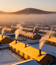 	 冬日山村屋顶炊烟航拍画面12421#横屏 