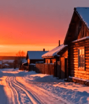 冬日村庄雪后日落景象8646#横屏 