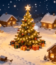 圣诞雪夜村庄与圣诞树场景3778#横屏 