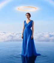 身着蓝裙女人立于云海彩虹下8461#横屏 