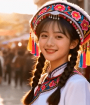 身着民族服饰的少女街头特写12371#横屏 