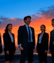 商务团队楼顶夕阳下庆祝13552#横屏 