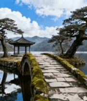 山水间石桥与亭台风景3362#横屏 