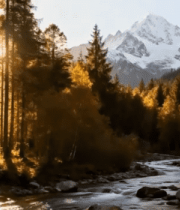 山林间溪流与雪山的自然景象5414#横屏 