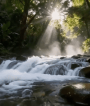 森林中溪流阳光洒落景象8707#横屏 