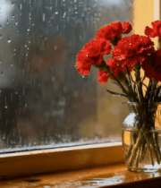 窗边花瓶中康乃馨与雨滴景象9663#横屏 