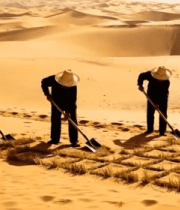 沙漠中人们用铁锹固沙2814#横屏 