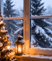 窗边装饰的圣诞树与雪景14130#横屏 