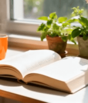 窗边桌上翻开的书籍与绿植1950#横屏 