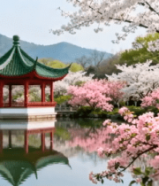 春日湖畔中式凉亭樱花美景11908#横屏 