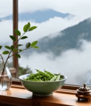 窗边日式静物与远山云雾景观13149#横屏 